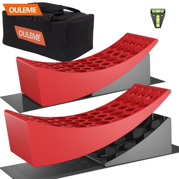 OULEME RV Leveling Blocks, Camper Trailer Leveler, 2 Packs for Travel Trailer Motorhome, Include 2 Curved Leveler Ramp, 2 Chock, 2 Rubber Mat, 1 T Bubble Level, 1 Carry Bag