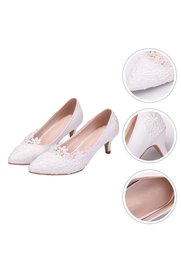 Women's White Lace Bridal Heels, 1 Pair Non- Sole Wedding Shoes, Elegant Simple Style for Brides
