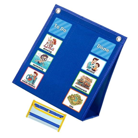 OULII 1Set Blue Visual Schedule Chart with Pocket for Home Daily Routine and Chore Planning