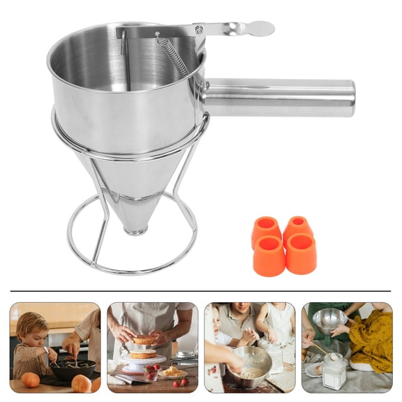 OULII 1Set Stainless Steel Kitchen Funnel with Stand for Pancake Batter Syrup and Octopus Balls