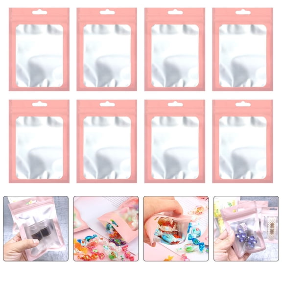 OULII 100Pcs Sealable Pouch Bag Pink with Transparent Window for Coffee Nuts Candy Storing