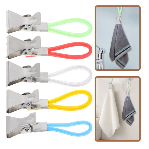 OULII Stylish Towel Clips, Metal and Plastic, Assorted Color, Secure Clamping, Vibrant Hanging Rope, 10Pcs