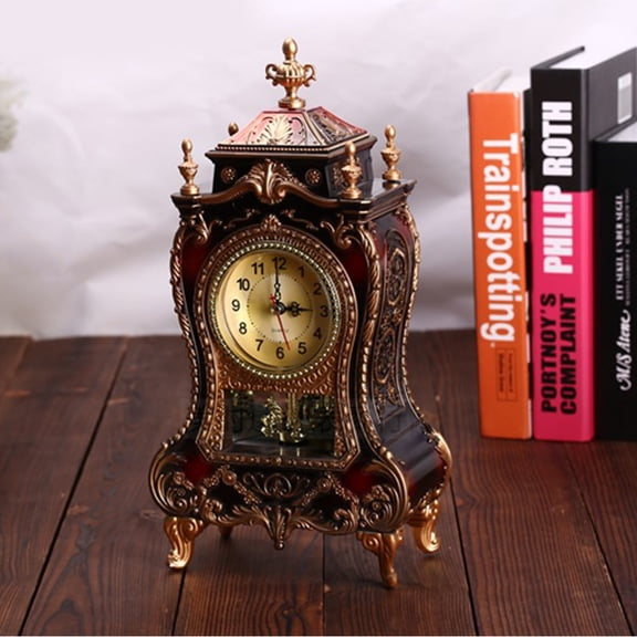OULII 1Pc European Style Musical Desk Clock Brown Retro Table Clock Decorative Pendulum Design