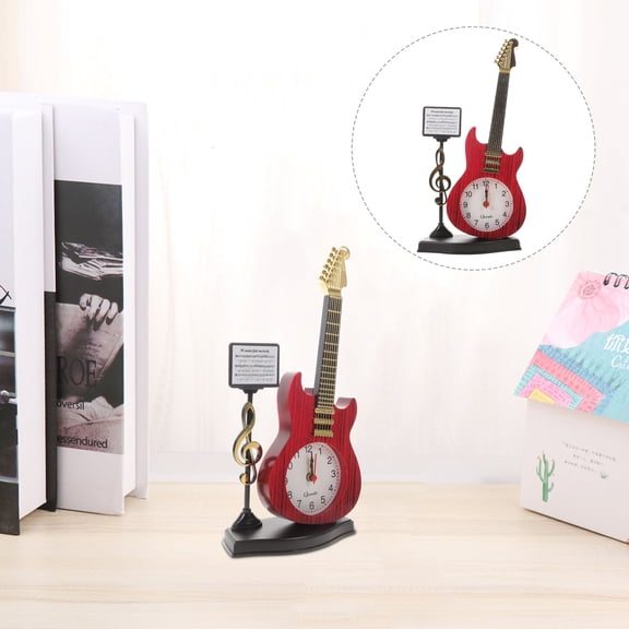 OULII 1Pcs Desktop Clock for Coffee Shop Red Plastic Guitar Shape Time Display Alarm 23.8x11.6cm
