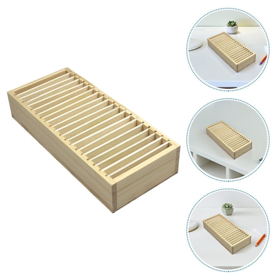 OULII Khaki Wood Business Card Organizer Box with Multi Compartment Design and Detachable Structure for Desk Storage