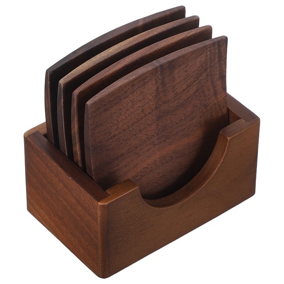 OULII 1Set Natural Walnut Coffee Coaster Set with Storage Box for Home Table Heat Protection