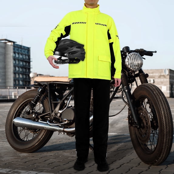 OULII Yellow Reflective Safety Raincoat Set for Motorcycle Riding with Portable Storage Bag, Rain Gear