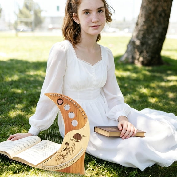 OULII 1Set Wood Body Lyre Harp 19 String Handheld Musical Instrument with Tuning Wrench