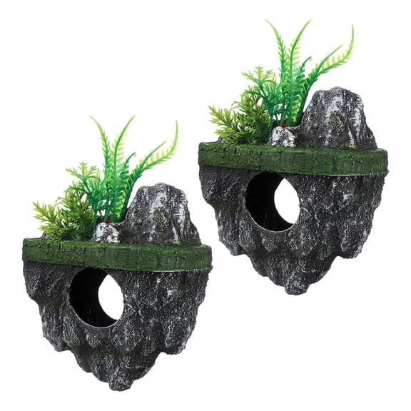 OULII 2-Pack Resin Aquarium Rock Cave Decorations, Floating Fish Ornaments for Underwater Landscape and Aquatic Habitat