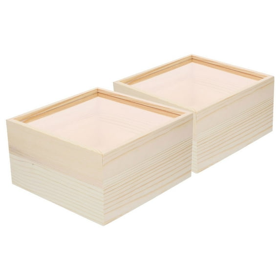 OULII 2Pcs Acrylic Storage Box with Sliding Transparent Lid and Beige Wooden Base