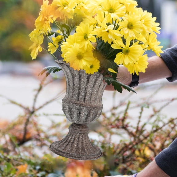 OULII 2Pcs Dark Grey Iron Cemetery Flower Vase Urn Planter for Lawn and Grave Decorations