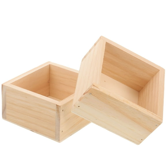 OULII 2Pcs Cube Planter Box Rustic Flower Holder Wooden Material Khaki 3.65X3.65X1.77in