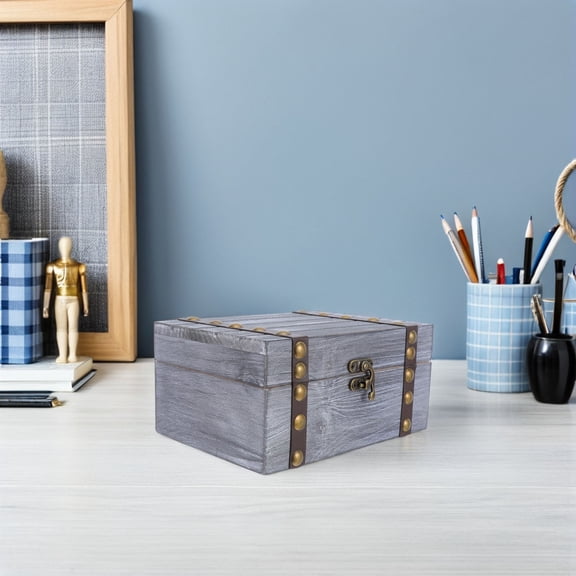 OULII 2Pcs Light Grey Wooden Keepsake Chest Vintage Treasure Box with Flip Top for Home Storage