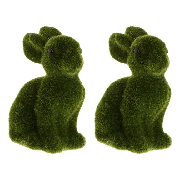 OULII 2Pcs Green Easter Rabbit Ornament Plastic with Moss for Tabletop Festival and Shop Window