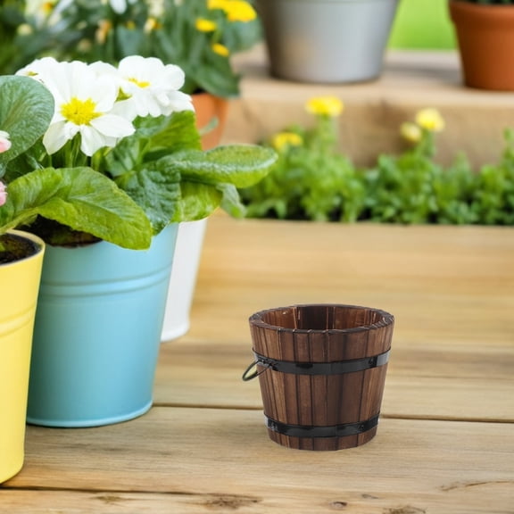 OULII 2Pcs Rustic Wood Bucket Planter for Balcony Garden Smooth Finish Brown