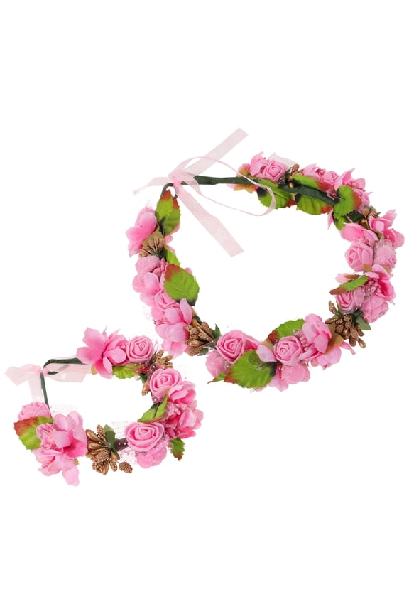 2Pcs Wreath Headband Floral Decorative Pink Iron Wire Ribbon for Women Wedding Party