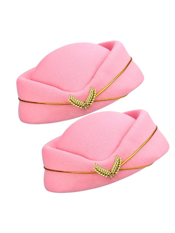 Women Flight Attendant Hat Felt Stewardess Hat Pink 2Pcs