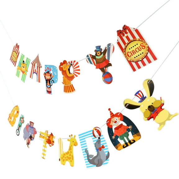 OULII 2-Pack Circus Theme Birthday Party Bunting Banner Decoration with Assorted Colors