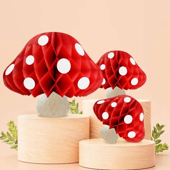 OULII 3Pcs Elegant Red Paper Mushroom Hanging Decorations, Party Ceiling Ornaments for Home, Holiday, Birthday, Wedding Decor