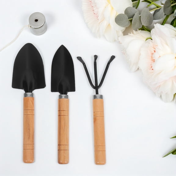 OULII 3Pcs Outdoor Garden Tools Set Metal and Wood Gardening Supplies for Soil Digging and Planting Projects