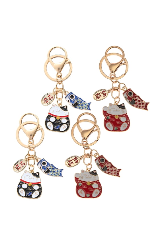 4-Pack Cat Keychain Set, Assorted Colors, Zinc Alloy, Japanese Style for Keys and Bags