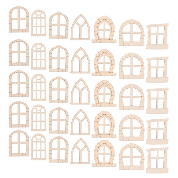 OULII 50Pcs DIY Wooden Fairy House Doors and Windows Unfinished Beige Craft Accessories