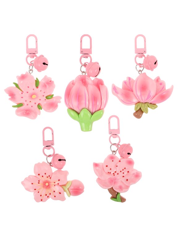 5-Pack Resin Peach Blossom Keychains with Bell Charm for Backpack, Purse, and Bag Decoration Accessories
