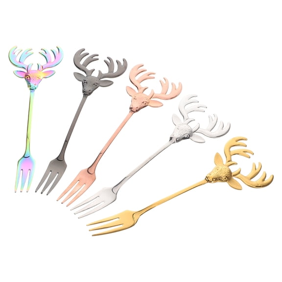 OULII Stainless Steel Dessert Forks Multi Color Reindeer Head for Home 5Pcs