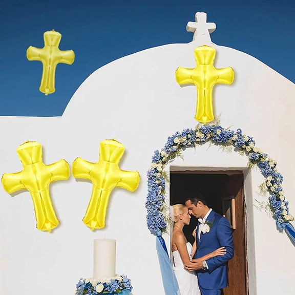 OULII 6Pcs Cross Shape Foil Balloons Easy Inflate for Baptism and Party Decor