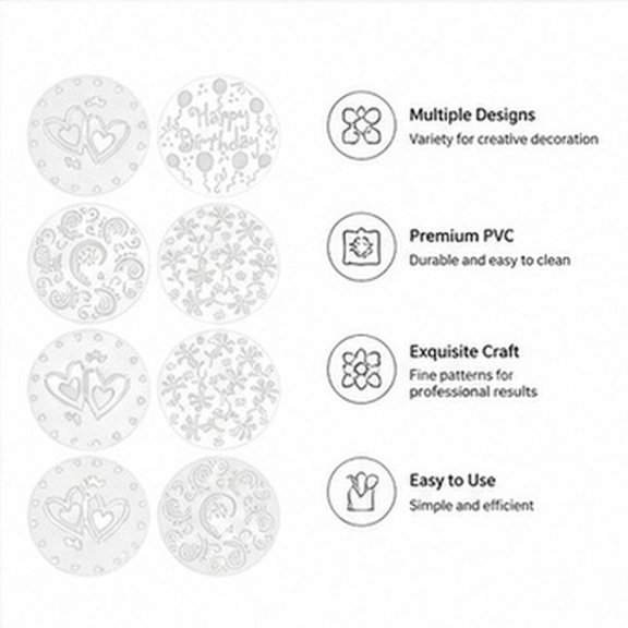 OULII 8Pcs Cake Decorating Stencils White DIY Templates with Various Pattern Designs