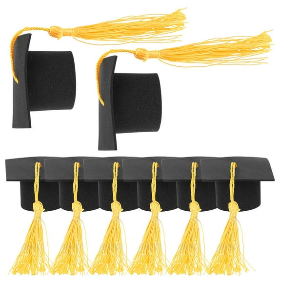 OULII 8Pcs Graduation Tassel Cap Toppers Graduation Cap Cake Supplies Yellow Mini Cap Shape for Dessert Picks