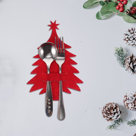 OULII Christmas Cutlery Cover Red Felt Xmas Tree Shaped Silverware Holder 8Pcs