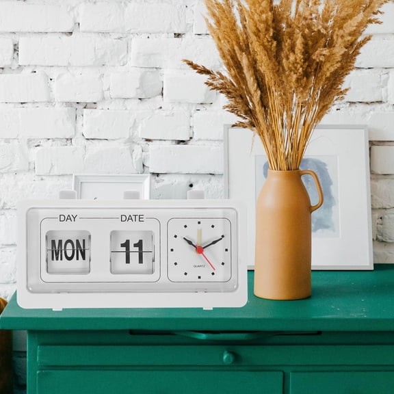 OULII White Manual Date Week Time Display Clock with Alarm for Kitchen and Family Room