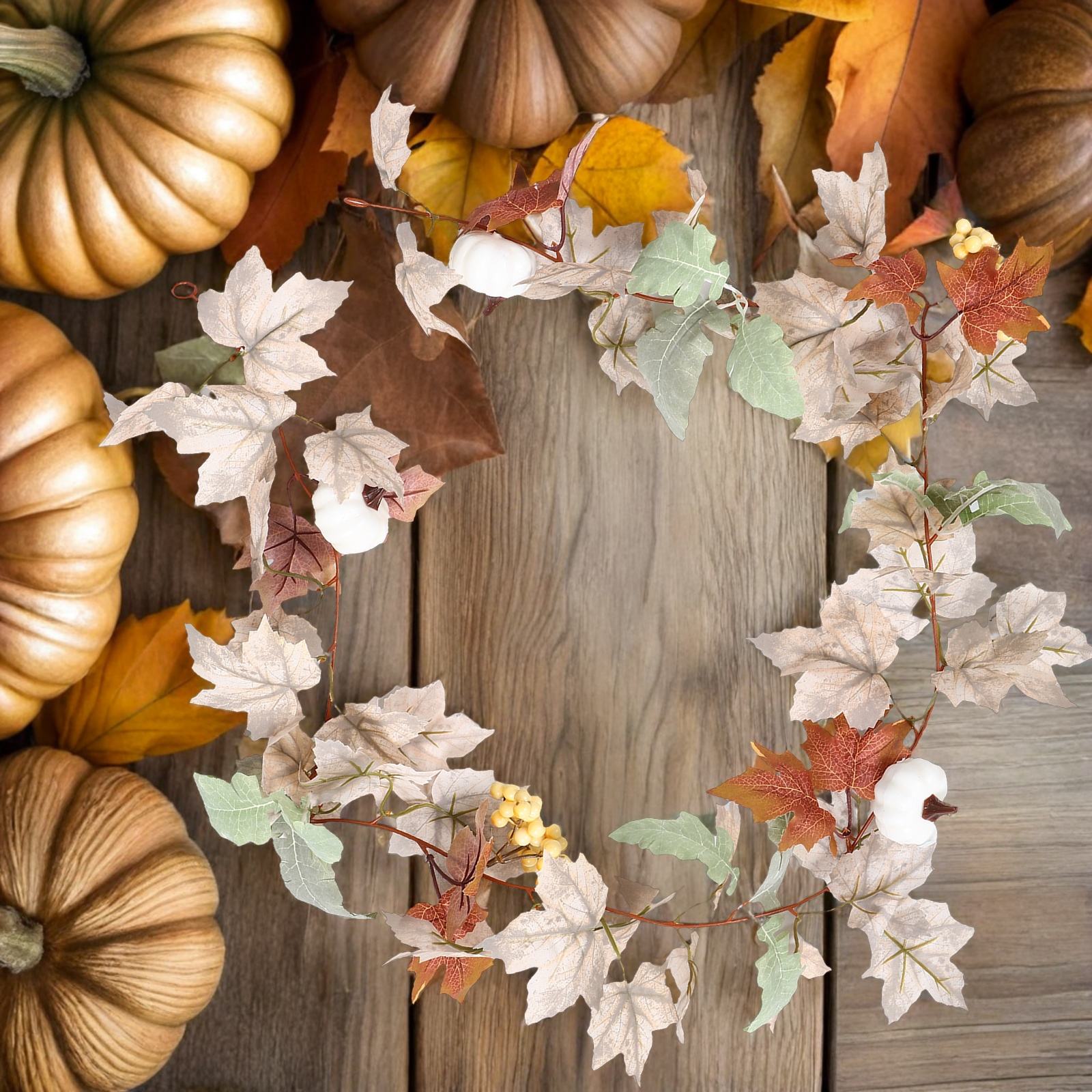 OULII Artificial Maple Wreath for Front Door Decor Orange Autumn Leaf ...