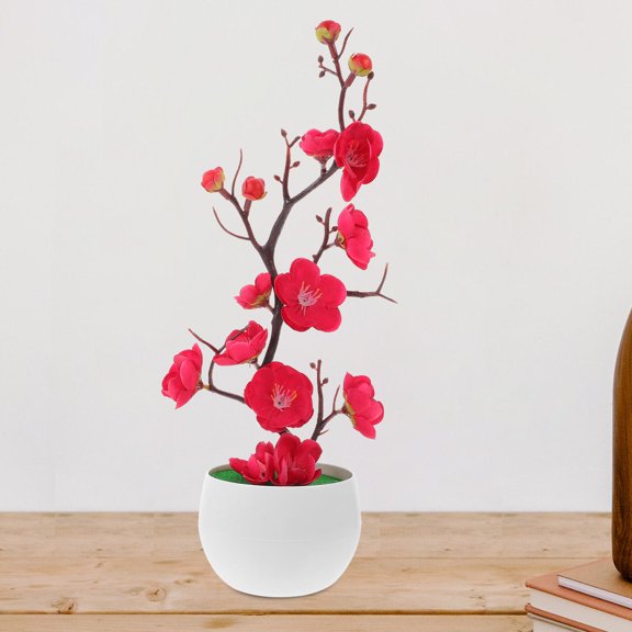 OULII Artificial Plum Flowers Rosy Potted Decor for Home Office with Lifelike Realistic Design