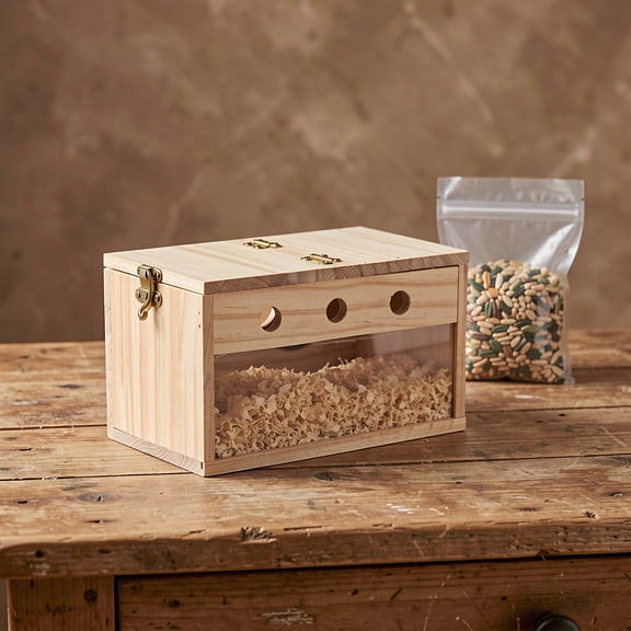 OULII Parrot Nesting Box Khaki Wood Clear Observing Window for Parrot