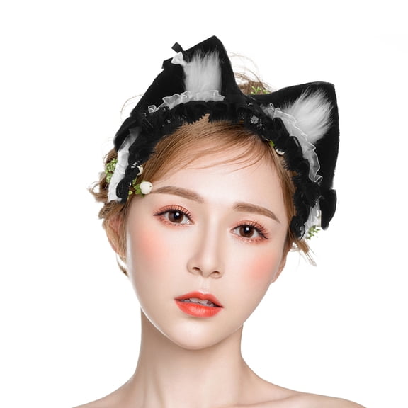 OULII Black Plush Cat Ears Headband with Lace, Comfortable Hair Hoop for Cosplay Costume Party Accessories for Women