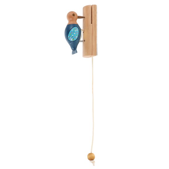 OULII Blue Woodpecker Doorbell, Wooden Craftsmanship, Pull Rope, Natural Texture, Home