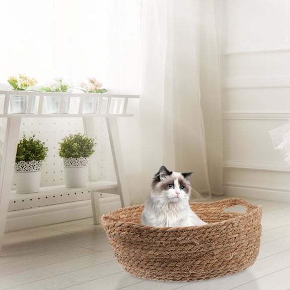 OULII Brown Straw Cat Sleeping Bed with Delicate Workmanship and Natural Air Permeability