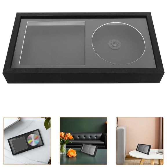 OULII Hollow Stereoscopic Cd Frame Black Wood Vinyl Record Display for Home