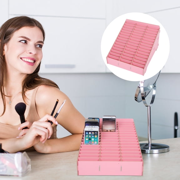 OULII Pink Wooden Phone Organizer for Office with Multi Compartments