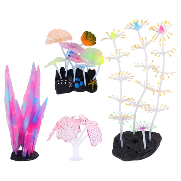 OULII 4Pcs Aquarium Coral Decoration Silicone Simulation Coral Plant with Glow for Fish Tank