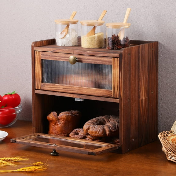 OULII Rustic Wooden Bread Box with Magnetic Closure and Front Window Organizer