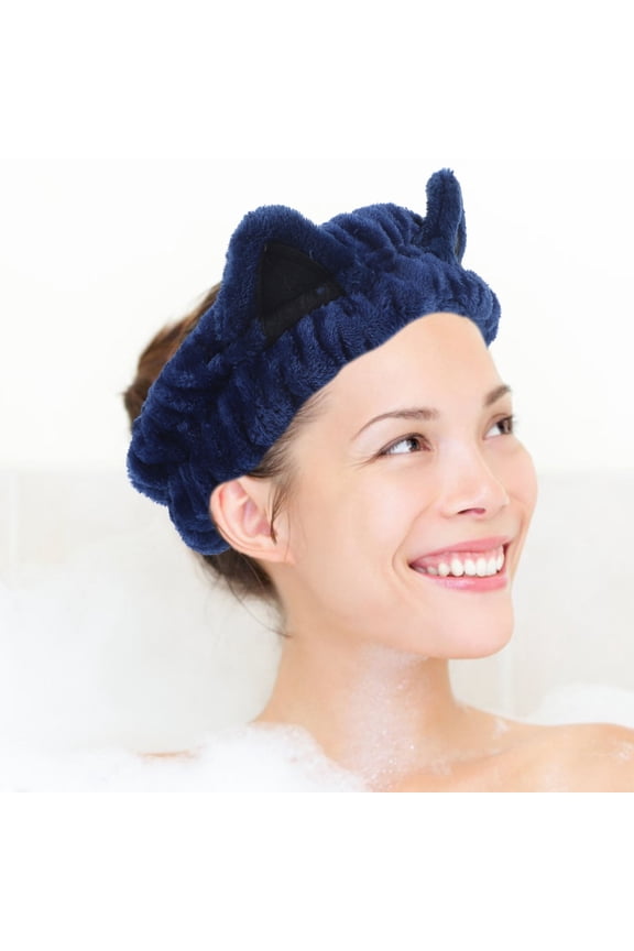 Dark Blue Cat Ear Elastic Headband for Face Wash Makeup and Skincare Comfortable Durable Fabric