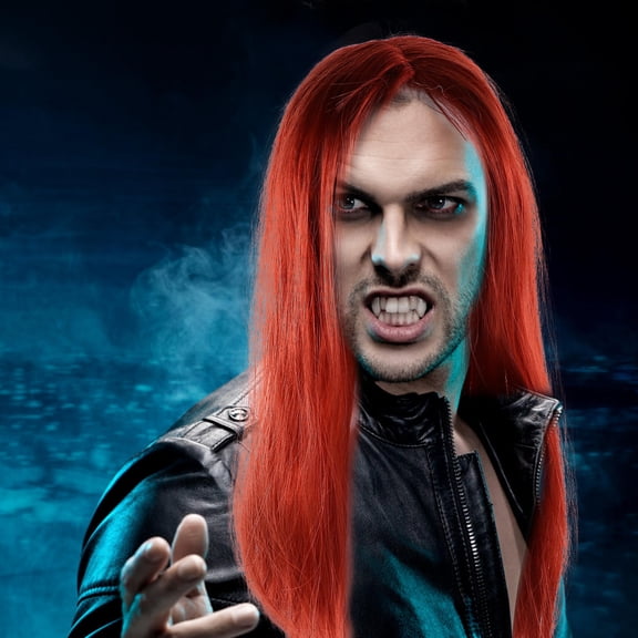 OULII Dark Red Long Straight Costume Wig Punk Rocker Style Synthetic Fiber