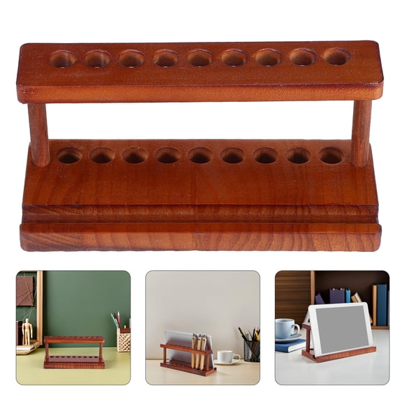 OULII Wooden Phone and Pen Holder Desk Organizer Brown Multifunctional Rustic Design