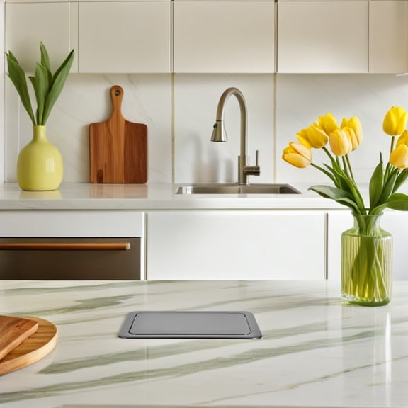 OULII Gray Stainless Steel Trash Can Lid with Swing Cover for Kitchen Countertop Embedded Waste Bin