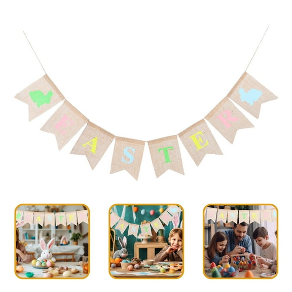 OULII Easter Bunny Burlap Banner for Wall, Window, Door Decoration in Khaki - Spring Holiday Festive Decor