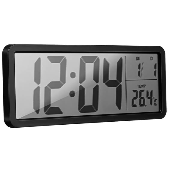 OULII Digital Battery Operated Wall Clock Black with Automatic Date and Temperature Display