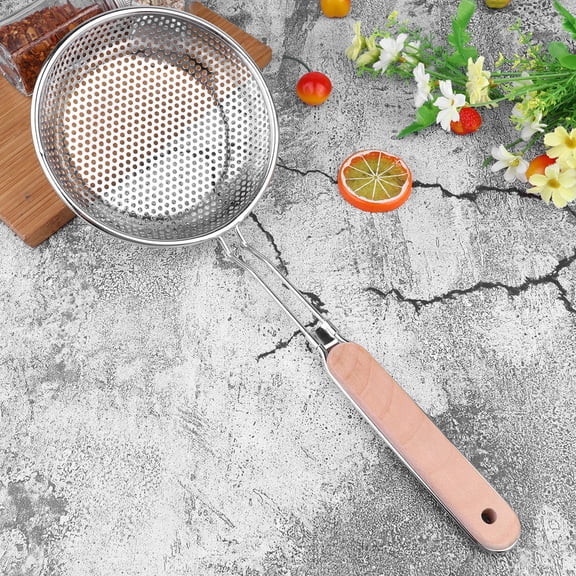 OULII Wood Handle Stainless Steel Strainer Net Basket for Fried Food and Cooking